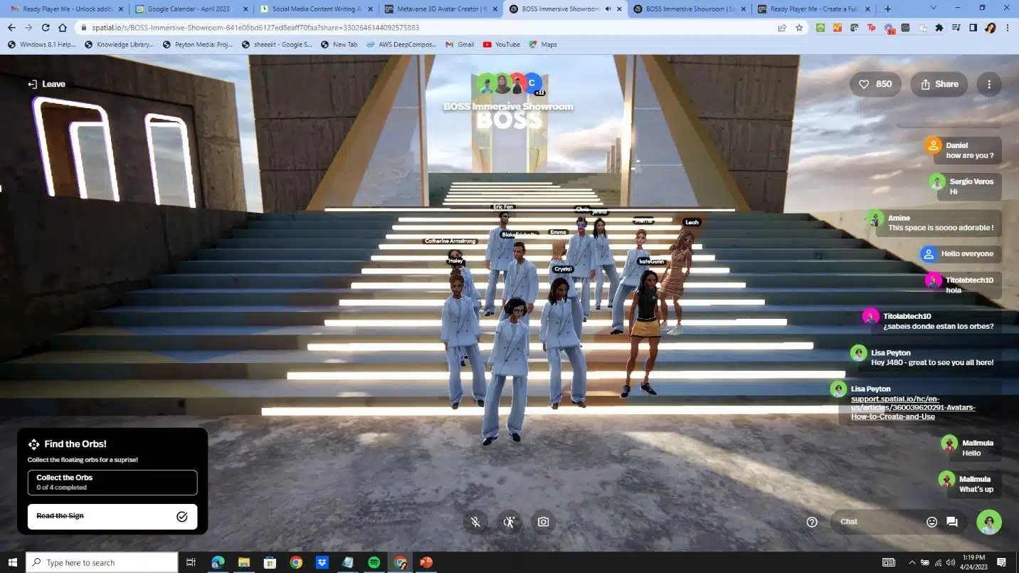 Um momento de selfie em sala de aula, minha classe de tecnologia emergente da Universidade de Oregon modelando nosso Hugo Boss NFT em seu showroom virtual no Spatial.io.