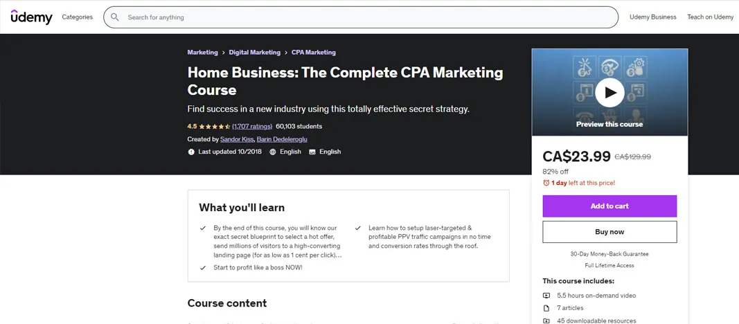 Screenshot des Udemy CPA-Marketingkurses