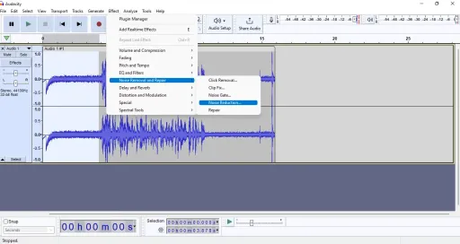 Audacity'de arka plan gürültüsünü kaldırmak için Yararlı Ayarları Yapmak İçin Efekt Menüsünü Kullanma