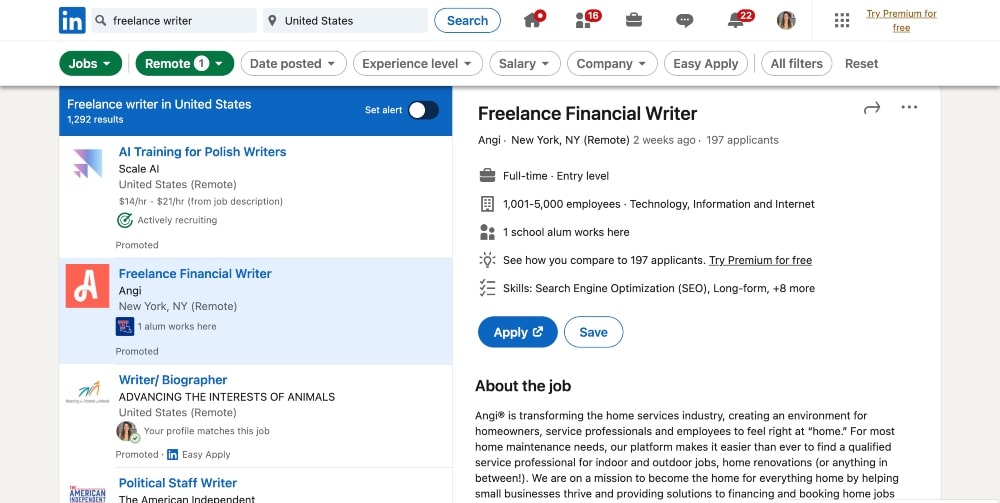 Publicaciones de trabajo de LinkedIn para escribir captura de pantalla