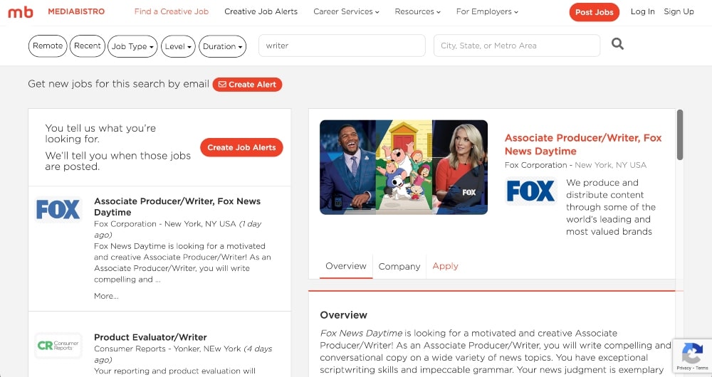 Screenshot der MediaBistro-Jobbörse