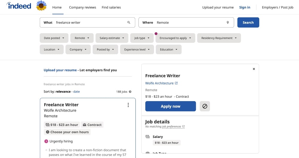 Indeed フリーランス ライティングの求人検索のスクリーンショット