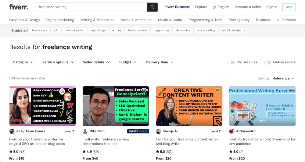 Screenshot della ricerca di lavoro di uno scrittore freelance su Fiverr