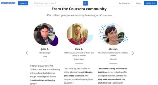 Coursera 랜딩 페이지 콘텐츠