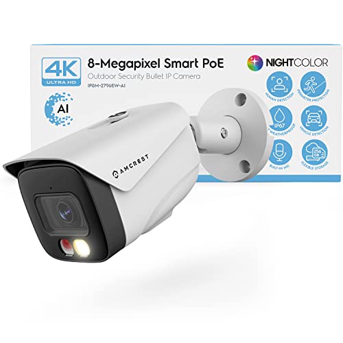 Amcrest UltraHD 4K (8MP) IP PoE AI 摄像机，FOV 129°，49 英尺彩色夜视，室外安全子弹型摄像机，人体和车辆检测，主动威慑，4K @15fps，IP8M-2796EW-AI（白色）