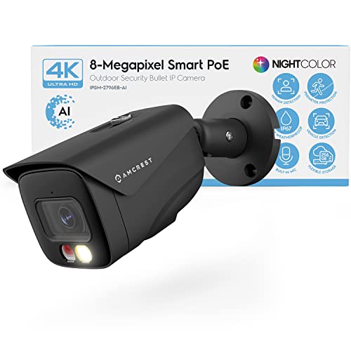 Amcrest UltraHD 4K (8MP) IP PoE AI 摄像机，FOV 129°，49 英尺彩色夜视，室外安全子弹头摄像机，人体和车辆检测，主动威慑，4K @15fps，IP8M-2796EB-AI（黑色）