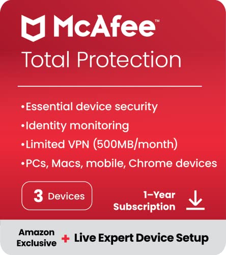 McAfee Total Protection 2023 + Nouvelle configuration de l'appareil | Exclusivité Amazon | 3 Appareil | Logiciel de sécurité Internet antivirus | VPN, gestionnaire de mots de passe, surveillance du dark web | Abonnement 1 an | Télécharger le code