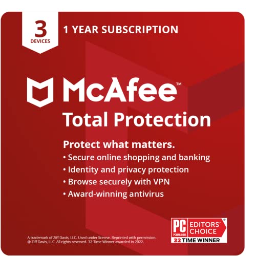 [Ancienne version] McAfee Total Protection 2022 | 3 Appareil | Logiciel de sécurité Internet antivirus | VPN, gestionnaire de mots de passe, surveillance du dark web | Abonnement 1 an | Télécharger le code