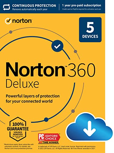 Norton 360 Deluxe 2023, logiciel antivirus pour 5 appareils avec renouvellement automatique - Inclut VPN, sauvegarde PC sur le cloud et surveillance du dark web [Télécharger]