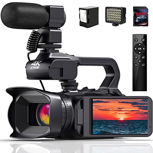 JLANDA Caméra vidéo 4K Caméscope, 64MP 60FPS 18X Zoom numérique Auto Focus Vlogging Caméra pour YouTube, Caméra vidéo HD WiFi avec Batterie 4500mAh, Carte SD, Stabilisateur, Micro, Télécommande et Lumière d'appoint