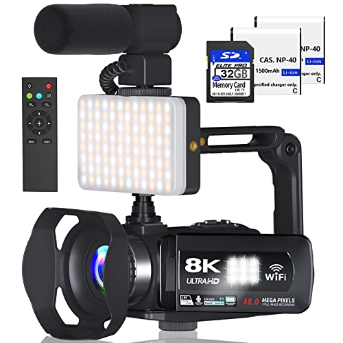 VETEK Caméra Vidéo 8k Caméscope 48MP UHD WiFi IR Vision Nocturne Vlogging Caméra pour YouTube, Zoom Numérique 18X 3.0" Écran LCD Appareil Photo Numérique avec Microphone, Carte SD 32G, Télécommande et 2 Piles