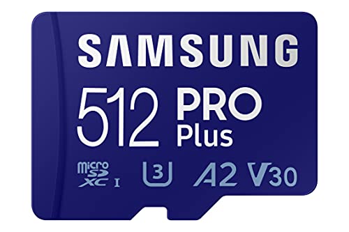 SAMSUNG PRO Plus + Adaptateur 512 Go microSDXC Jusqu'à 160 Mo/s UHS-I, U3, A2, V30, Carte mémoire Full HD & 4K UHD pour Smartphones Android, Tablettes, Go Pro et DJI Drone (MB-MD512KA/AM)