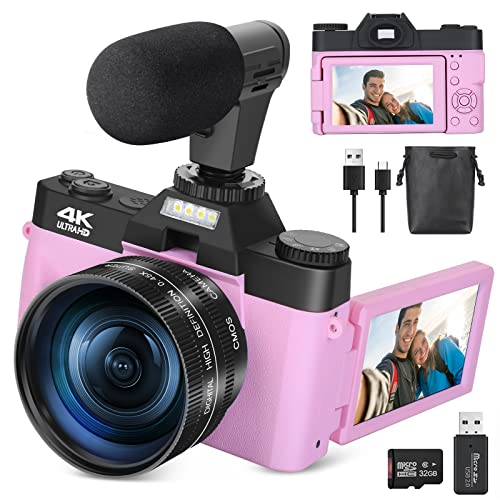 Aparaty cyfrowe Monitech do fotografii, kamera 48MP i 4K do vlogowania na YouTube, kamera wideo z obiektywami szerokokątnymi i makro, 16-krotny zoom cyfrowy, odwracany ekran, zewnętrzny mikrofon, karta TF 32 GB - różowy