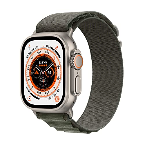 Apple Watch Ultra [GPS + 蜂窝网络 49 毫米] 智能手表带坚固耐用的钛金属表壳和绿色 Alpine Loop 中号。健身追踪器、精确 GPS、动作按钮、超长电池寿命、更亮的视网膜显示屏