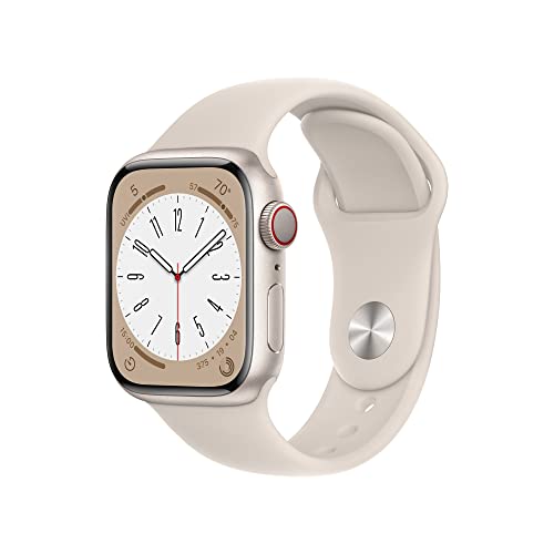 Apple Watch Series 8 [GPS + 蜂窝网络 41 毫米] 智能手表带 Starlight 铝制表壳和 Starlight 运动表带 - S/M。健身追踪器、血氧和心电图应用程序、始终在线的视网膜显示屏、防水