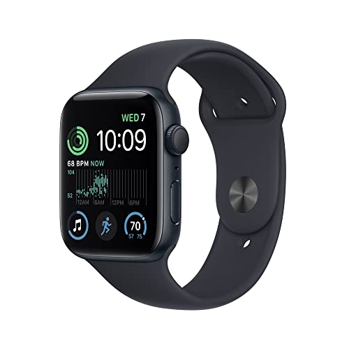 Apple Watch SE（第 2 代）[GPS 44 毫米] 智能手表配 Midnight 铝制表壳和 Midnight 运动表带 - S/M。健身和睡眠追踪器、碰撞检测、心率监测器、视网膜显示屏、防水