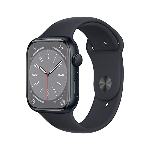 Apple Watch Series 8 [GPS 45mm] 智能手表配 Midnight 铝制表壳和 Midnight 运动表带 - M/L。健身追踪器、血氧和心电图应用程序、始终在线的视网膜显示屏、防水