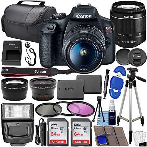 Canon EOS Rebel T7 DSLR Fotoğraf Makinesi Paketi, Canon EF-S 18-55mm f/3.5-5.6 is II Lens + 2 adet SanDisk 64GB Hafıza Kartları, Geniş Açı Lens, Telefoto Lens, 3 adet Filtre Kiti + Aksesuar Kiti