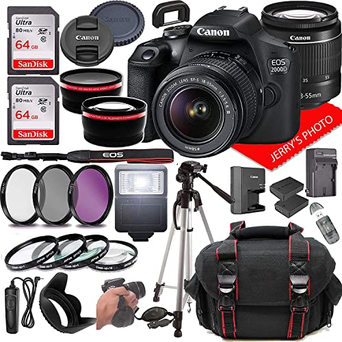 Canon EOS 2000D (Rebel T7) DSLR Fotoğraf Makinesi, Canon EF-S 18-55mm F/3.5-5.6 Zoom Lens + Kılıf + 128GB Bellek (28 adet Paket) ile