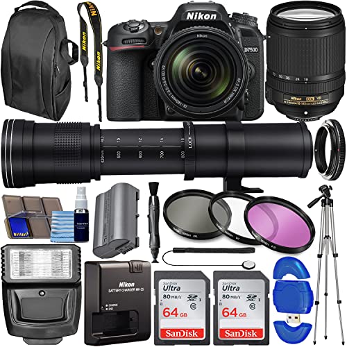 Nikon D7500 DSLR Fotoğraf Makinesi, 18-140mm VR Lensli (1582) + 420-800mm Süper Zum Lensli, 128GB Bellek + 3 Parça Filtre Kiti, Fotoğraf Sırt Çantası + Daha Fazlası