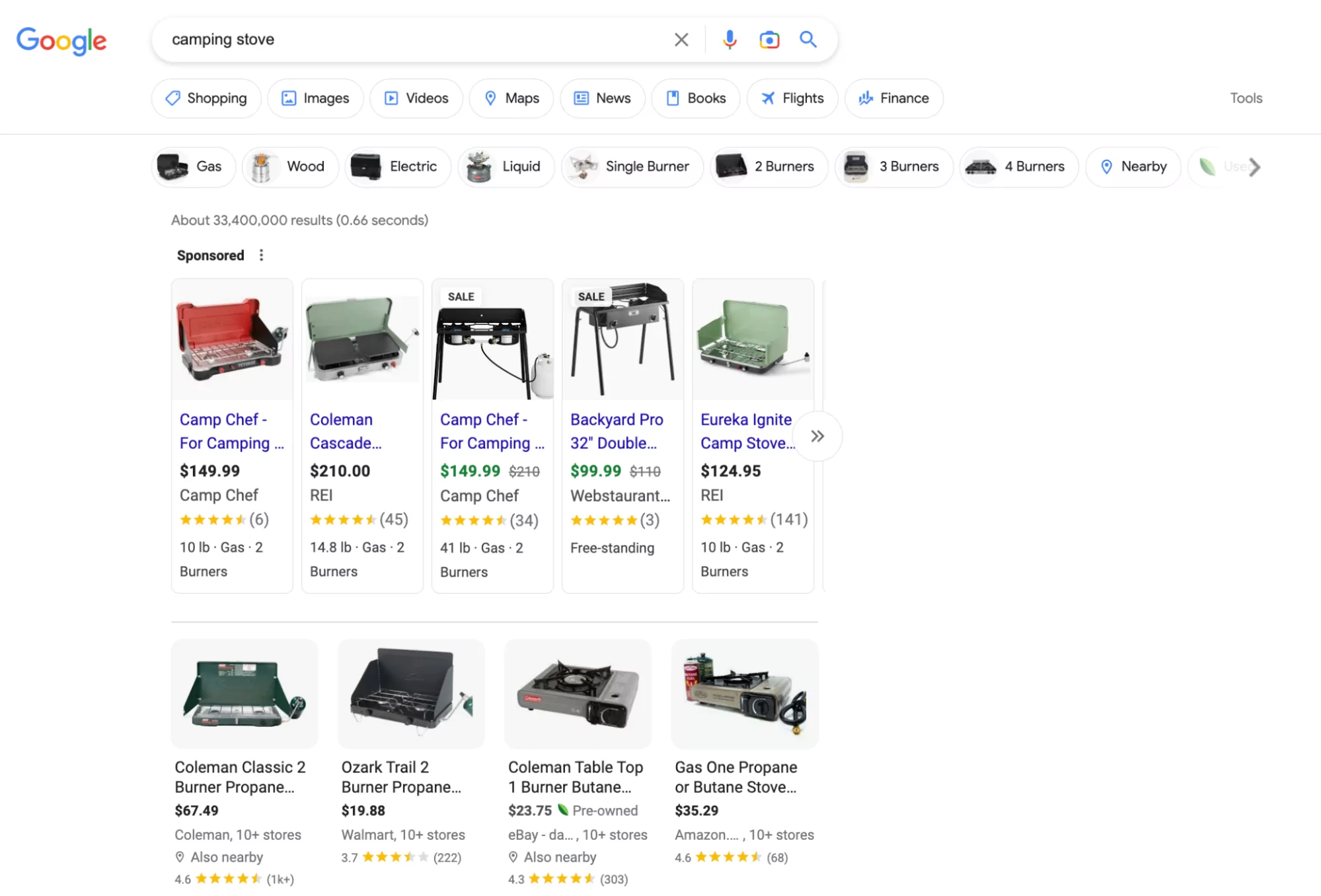 キャンプ用ストーブの Google ショッピング SERP の例