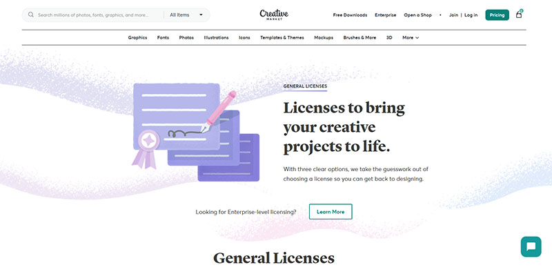 Страница общих лицензий на Creative Market