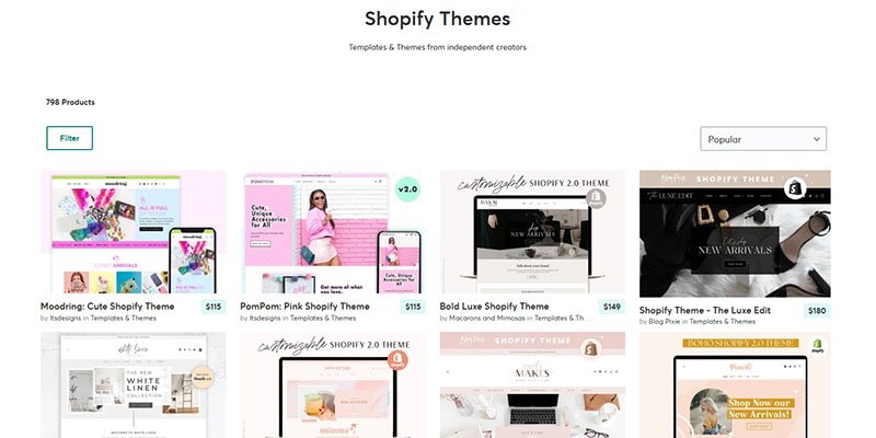 Страница тем Shopify на Creative Market