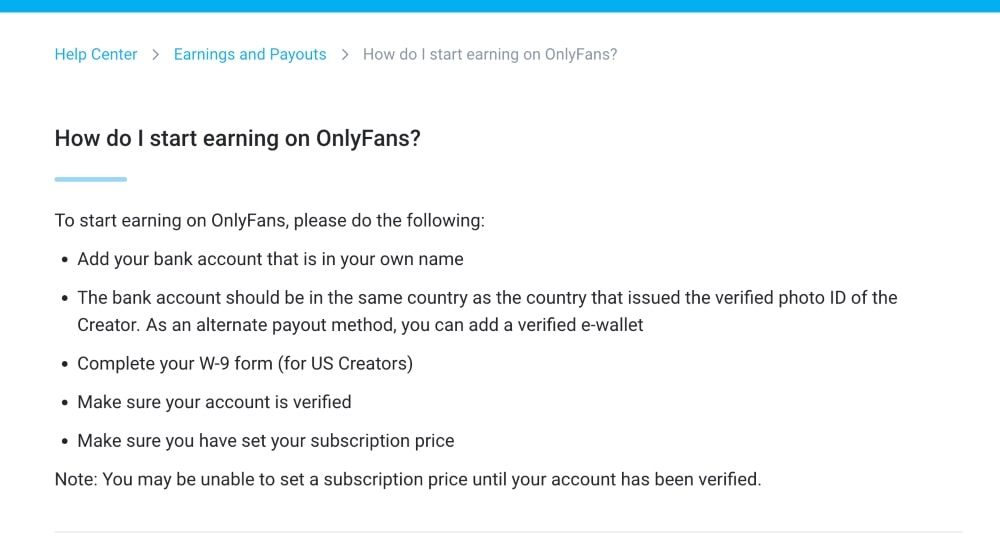 有关如何开始在 OnlyFans 上赚钱的信息的屏幕截图