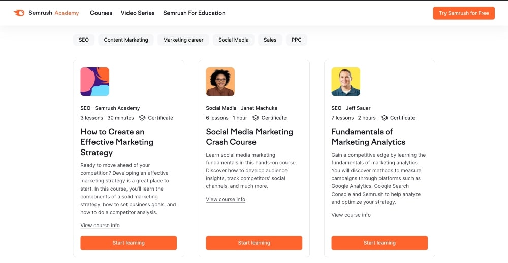 Semrush 学院网站截图