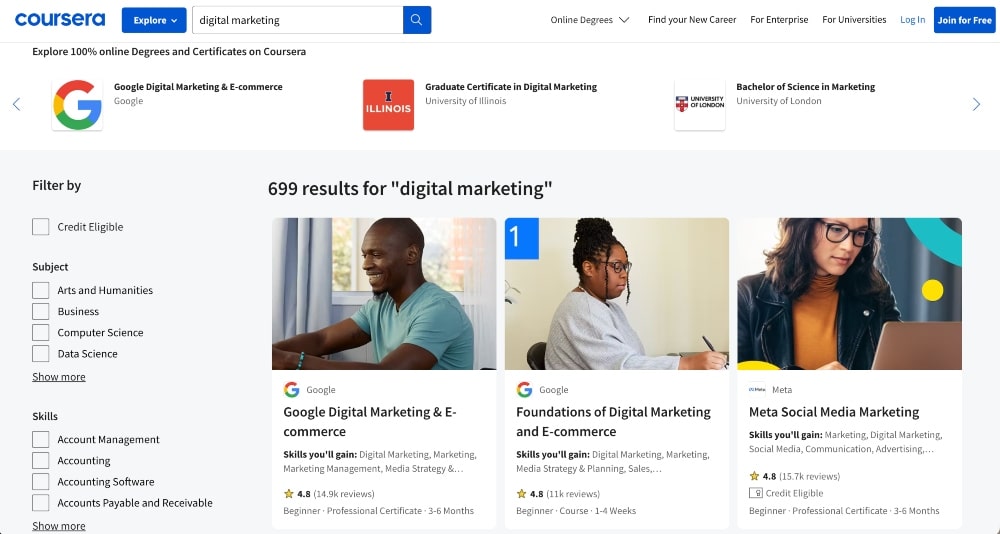 Coursera 营销课程搜索结果截图