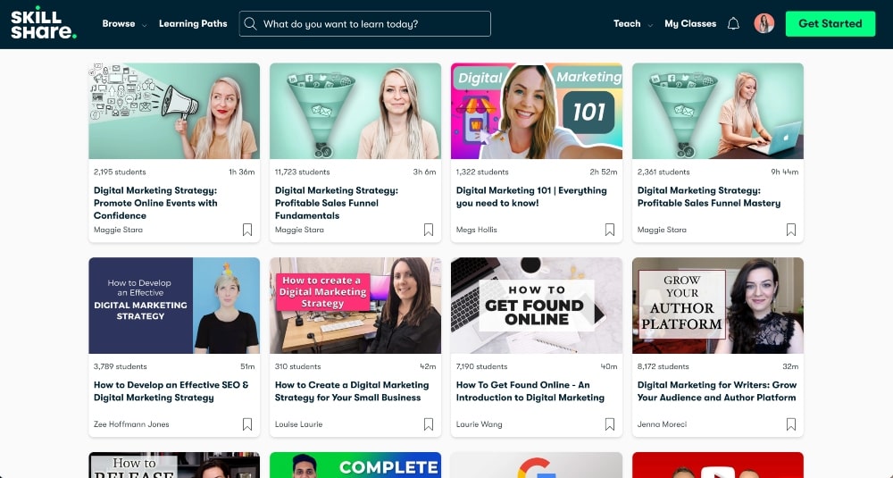 Skillshare 营销课程搜索结果截图