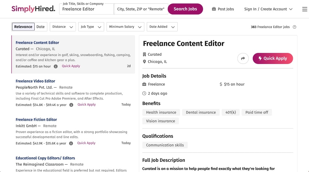 Simply Hired serbest editör işlerinin ekran görüntüsü