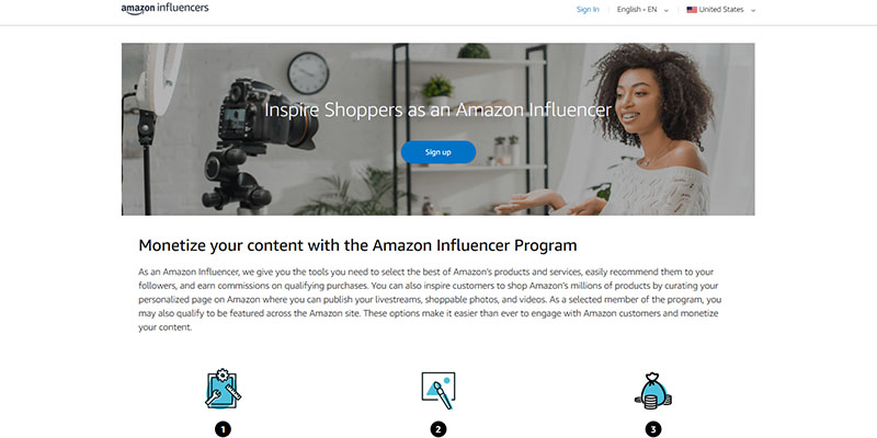 Pagina del programma Amazon Influencers