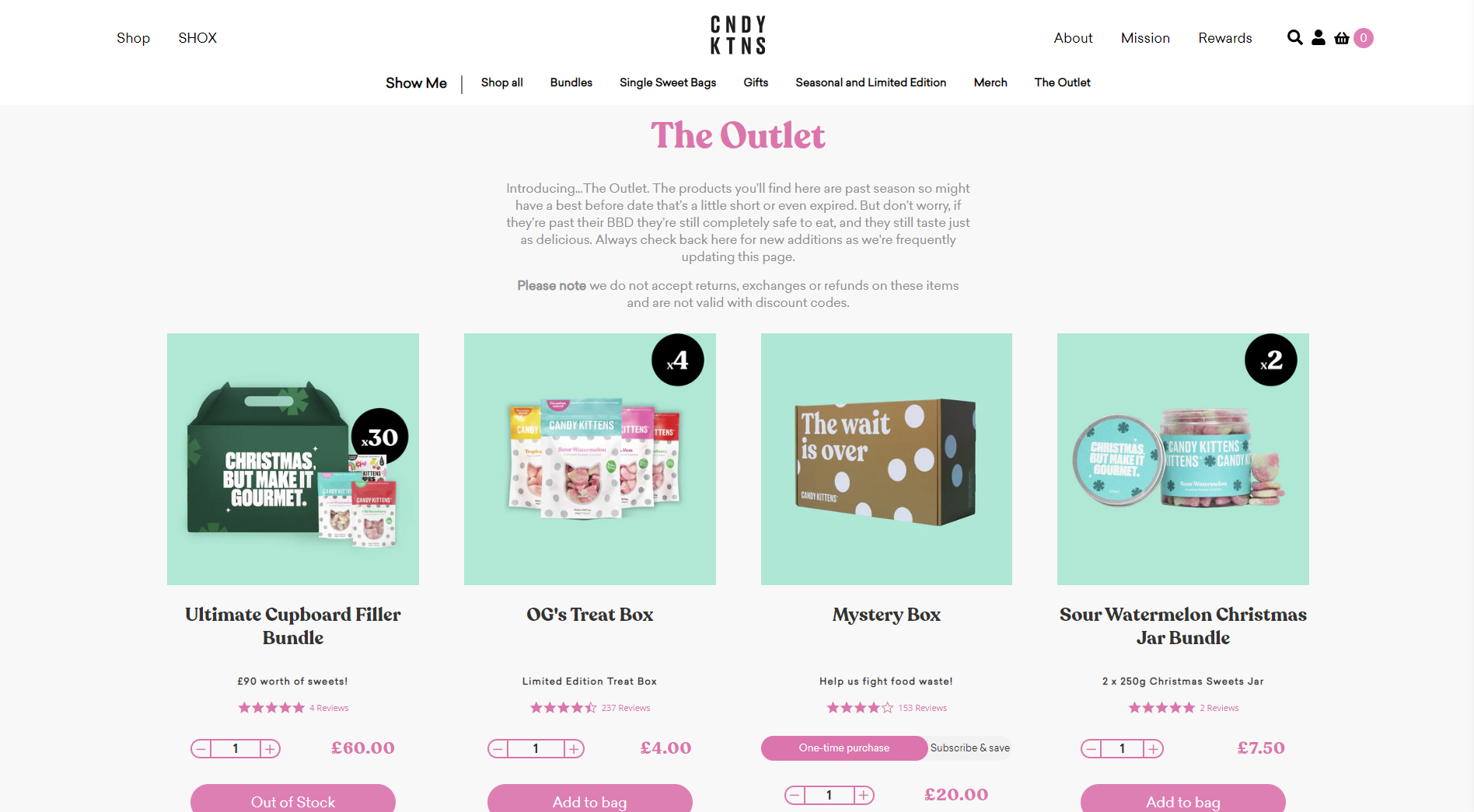 Cuplikan layar halaman Outlet di situs web Candy Kittens