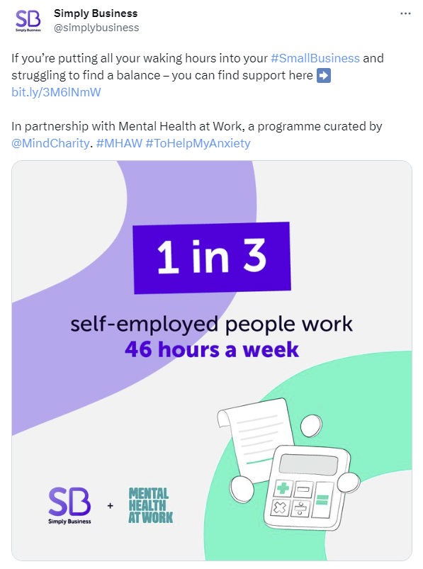 Cuplikan layar dari Twitter Simply Business yang mempromosikan kesehatan mental di tempat kerja