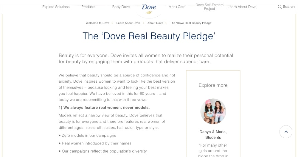 Dove's Real Beauty Pledge sayfasının ekran görüntüsü