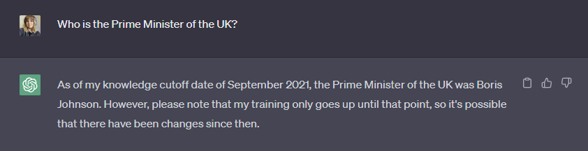 Captura de pantalla de ChatGPT que no puede responder a la pregunta "¿Quién es el primer ministro del Reino Unido?"