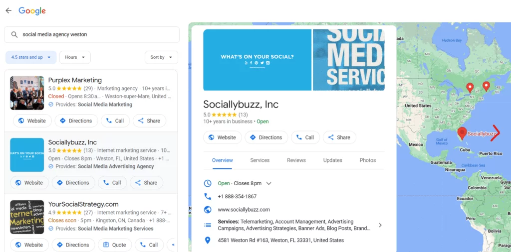 Profil d'entreprise Google Sociallybuzz sur Google Maps