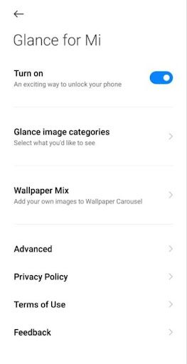 Mi フォンで Glance をオンにする方法のステップ 3 - Glance for Mi をクリックしてオンにします