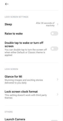 Mi スマートフォンで Glance をオンにする方法のステップ 2 - ロック画面オプションを見つけると、Glance for Mi が表示されます