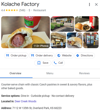 Бизнес-листинг Google для фабрики Kolache в Оверленд-Парке, штат Канзас. Белый фон с черными буквами, которые включают изображения колачей, описание ресторана, варианты обслуживания, адрес и т. д.