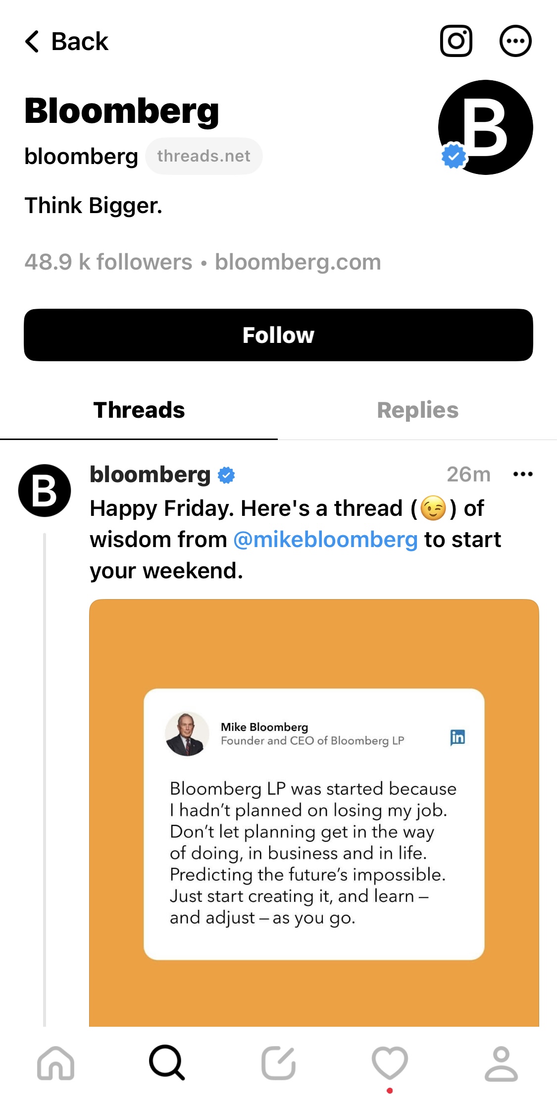 Bloomberg'in Threads hesabının ekran görüntüsü