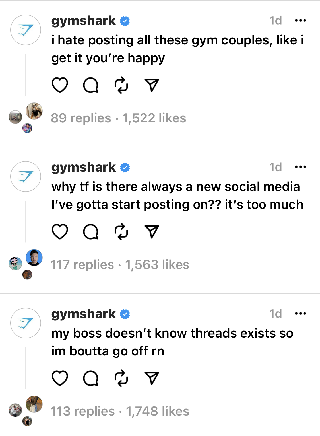 Güçlü bir ses tonuyla Gymshark'tan Threads'teki bazı gönderilerin ekran görüntüsü