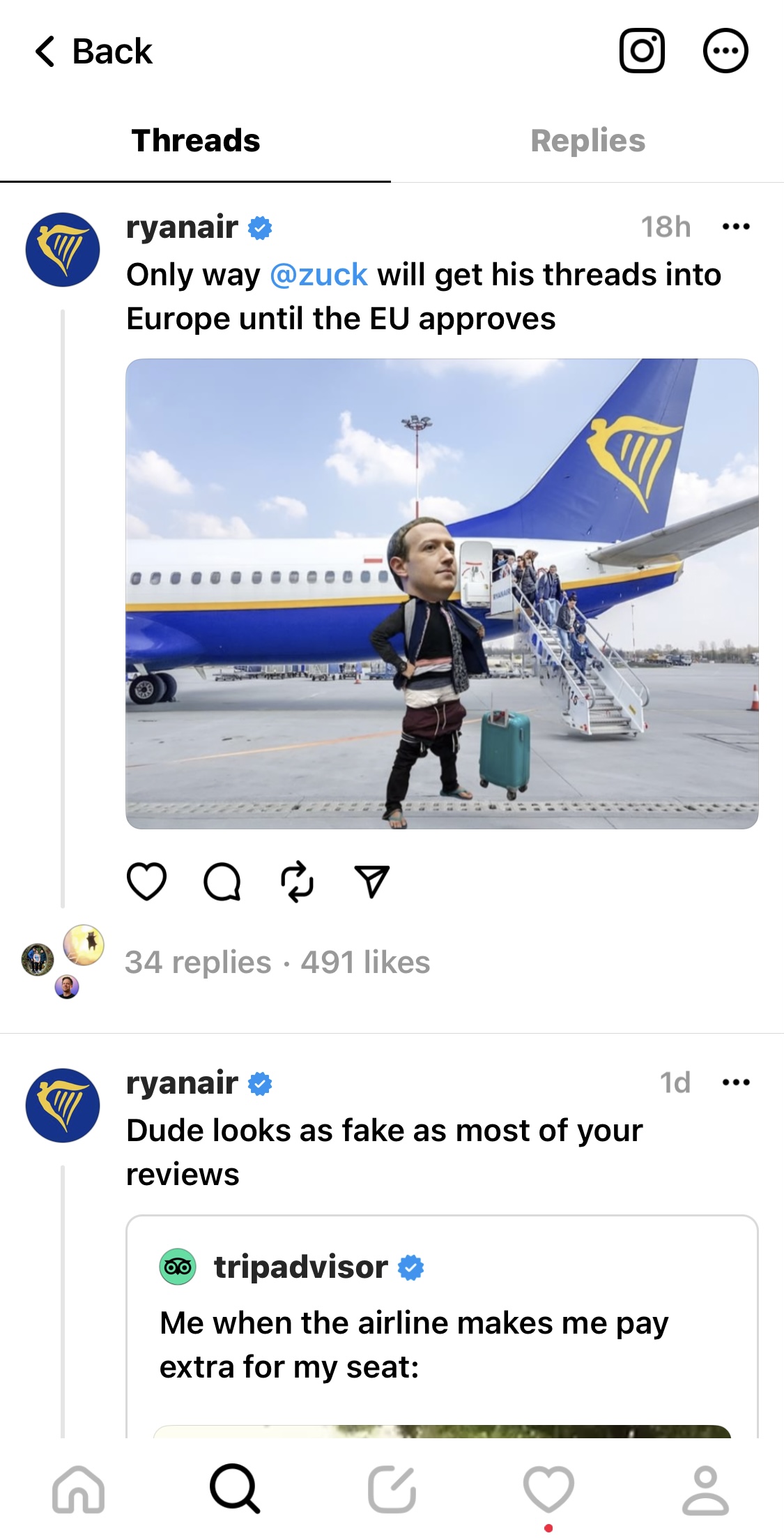 Ryanair'in Konular'daki gönderilerinin ekran görüntüsü