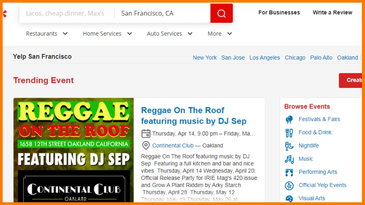 Yelp - plataforma de listado de eventos