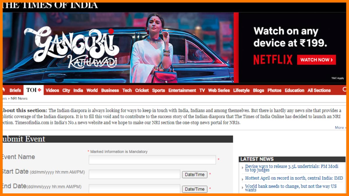 Timesofindia - sitio de listado de eventos