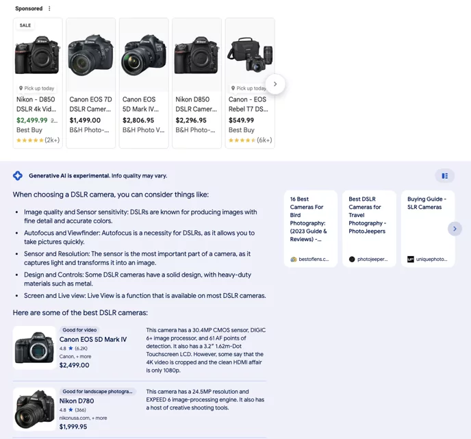 Скриншот того, как результаты поиска Google показывают рекламу и продукты в результатах Google AI