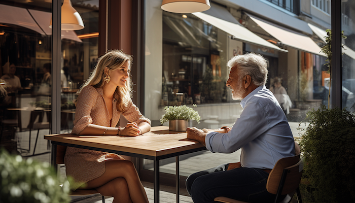 Foto de un empresario mayor hablando con una mujer más joven en un café.