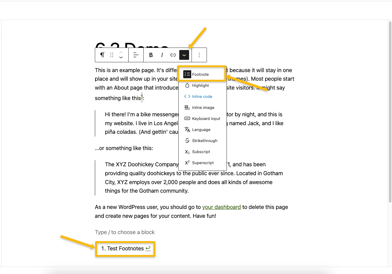 bloque de notas al pie en wordpress 6.3