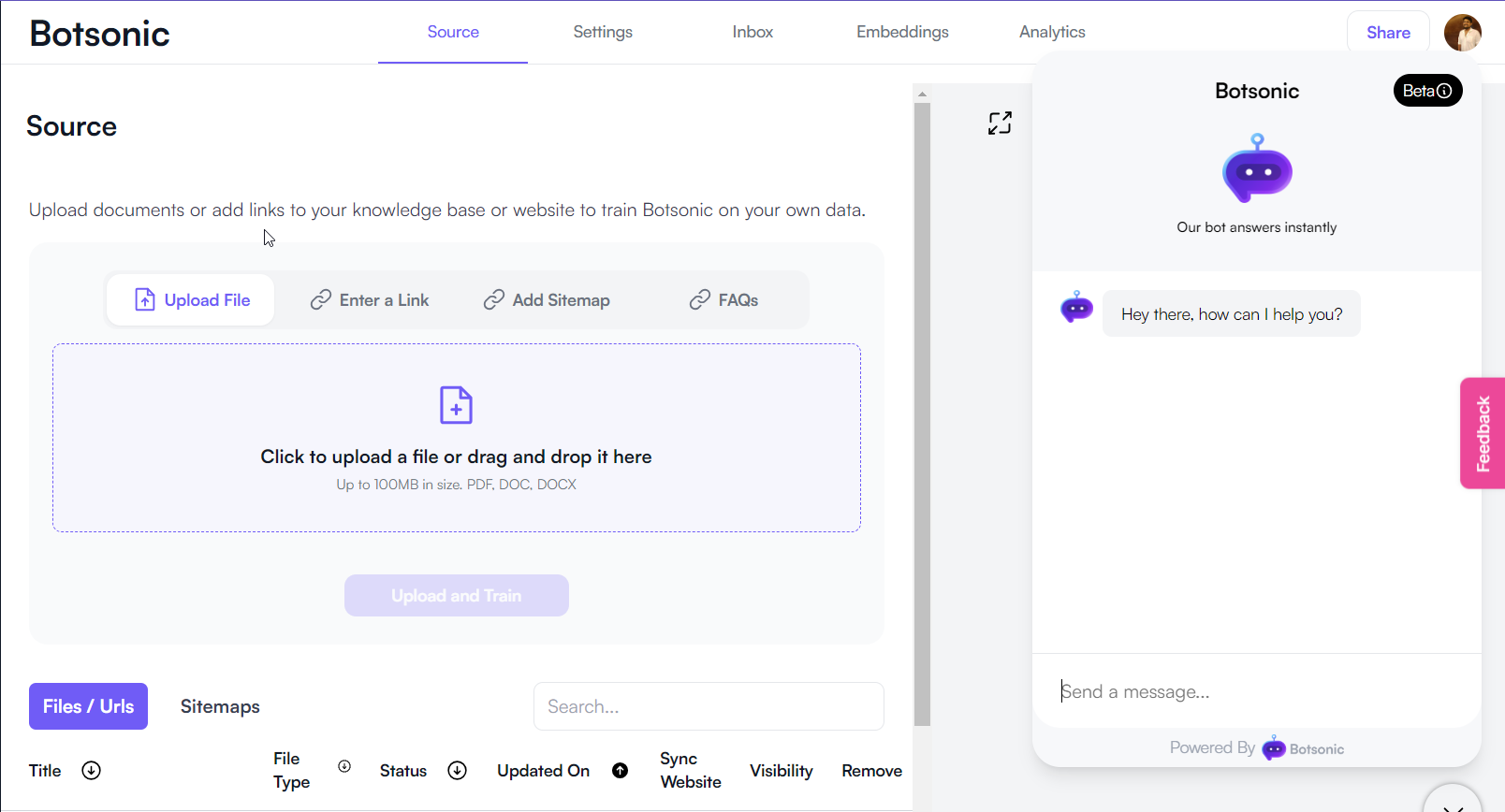 UI ที่ใช้งานง่ายของ Botsonic - แชทบอทสร้างโอกาสในการขายที่ดีที่สุด